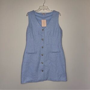 BeBop Light Blue Tweed Gold Button Up V Neck Mini Dress